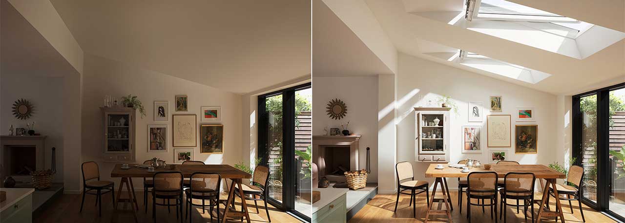 Before and after image of living room with VELUX roof windows