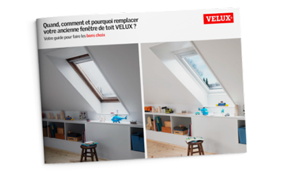 Front page of VELUX replacement brochure showing a kids room going from having one old brown roof window to a new white VELUX roof window.