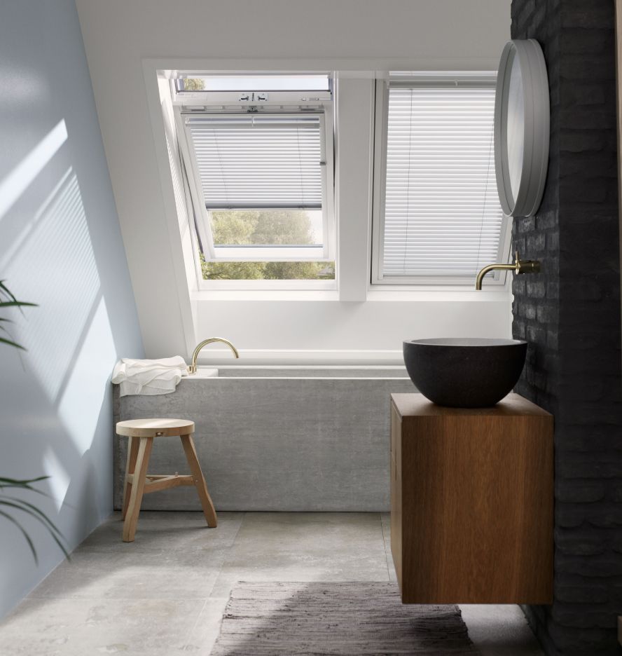 Mordern light blue bathroom with a palm and two VELUX roof windows.