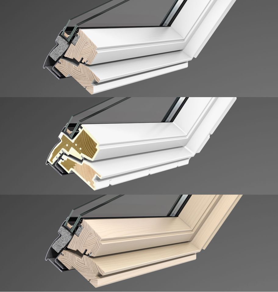 Three different VELUX roorf window frames: white painted, white polyurethane and pine.