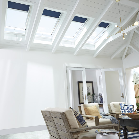 Living room with navy blackout blinds