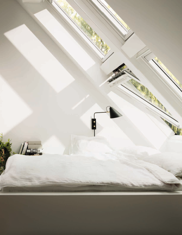 Image of a bedroom with four roof windows installed together in a square