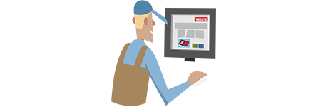 cartoon character VELUX installer looking at website